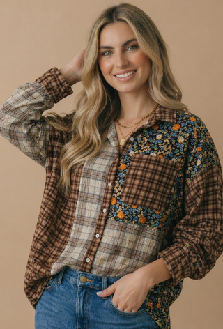 Brown and taupe plaid and floral patchwork oversized button-down shirt
