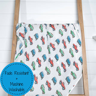 LollyBanks Vroom Vroom Zoom Muslin Swaddle Blanket