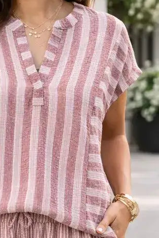 Beachside Breeze Coral Stripe Dolman V-Notch Blouse