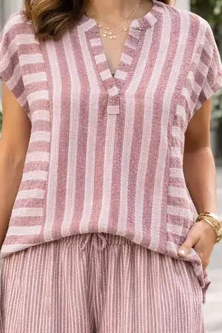 Beachside Breeze Coral Stripe Dolman V-Notch Blouse