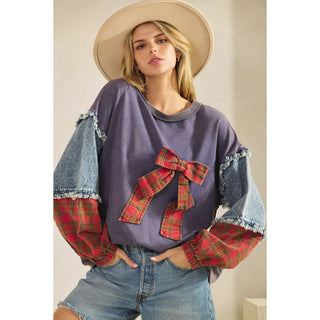 Green plaid bow pullover with denim and plaid patchwork sleeves
