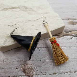 Halloween Witch Hat & Broom Mismatched Earrings