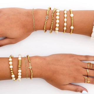 Hey Beautifl Pearl & Gold Cluster Disc Beads Stretch Bracelet – Waterproof & Tarnish-Free