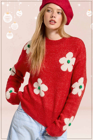 Slouchy red floral knit sweater with dropped shoulders