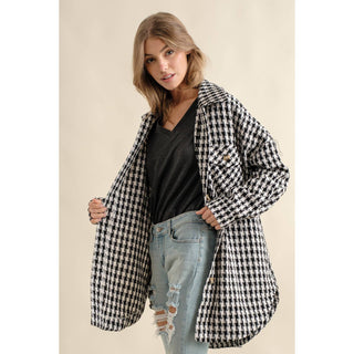 Plaid jacquard oversized button down shacket with chest pockets
