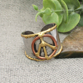 Mixed Metal Peace Sign Adjustable Ring