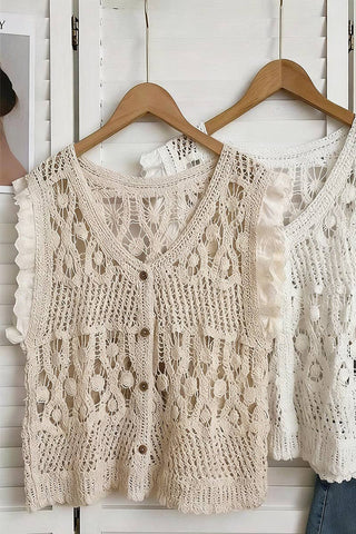 Vintage-Vibe Ruffle Sleeve Crochet Vest | Artisanal Boutique Find
