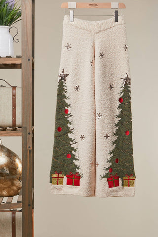 Tree Farm ivory sweater pants with Christmas trees, snowflakes and wrapped gifts