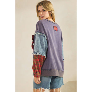 Green plaid bow pullover with denim and plaid patchwork sleeves