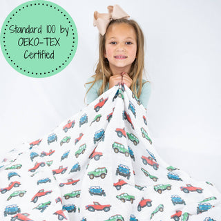 LollyBanks Vroom Vroom Zoom Muslin Swaddle Blanket