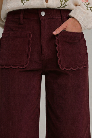 Sunday Brunch stretch corduroy wide leg pants in Spiced Cranberry with scalloped patch pockets