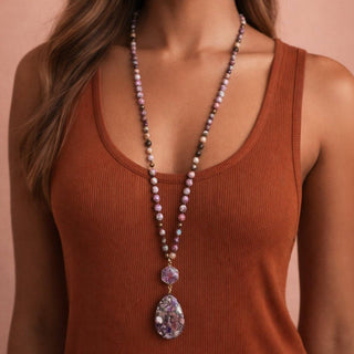 Hey Beautiful – Purple Stone Beaded Long Necklace with Statement Pendant – Boho Multi-Color Layering Necklace