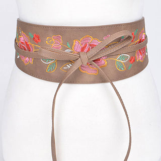 Garden Gate khaki wrap belt with colorful embroidered roses and tie closure