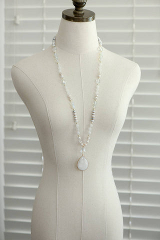 Hey Beautiful – White Stone Beaded Long Necklace with Teardrop Pendant – Boho Layering Statement Necklace
