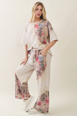 Faded Romance Collage Print Wide-Leg Pants – Cream (Pants Only)