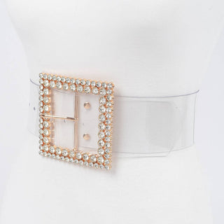 Side view of clear rhinestone buckle belt