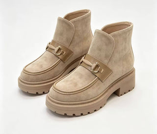 Beige Buckle Loafer Ankle Boots | Women's Faux Suede Booties
