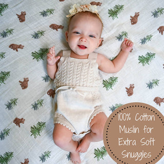 LollyBanks Bear Cub & Evergreen Trees Muslin Swaddle Blanket