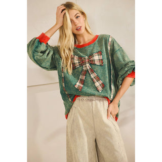 Jingle Bell Plaid Bow Mineral Wash Pullover