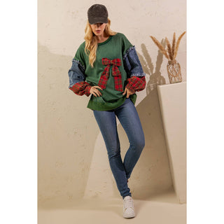 Mistletoe Green pullover with plaid bow and frayed denim sleeves