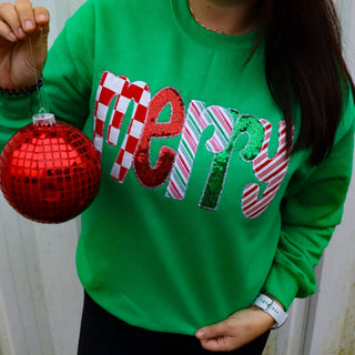 Green Christmas sweatshirt with candy cane and sequin merry appliqué