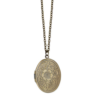 Gold floral locket necklace shown full length on 20 to 22 inch gold link chain