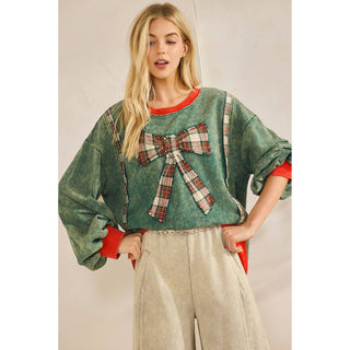 Jingle Bell spruce green mineral wash pullover with plaid bow applique and red trim