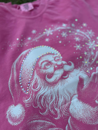 Close-up of the Christmas Magic Sparkling Rhinestone Santa Tee's hand-applied crystals and snowflakes