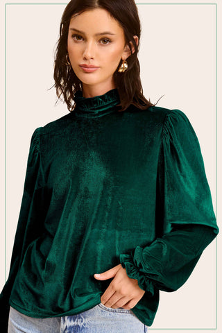 Holiday Magic Velvet Puff Sleeve Mock Neck Top