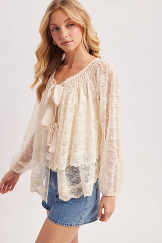 Bluivy | Layered Lace Tie-Front 2-Way Blouse | Cream