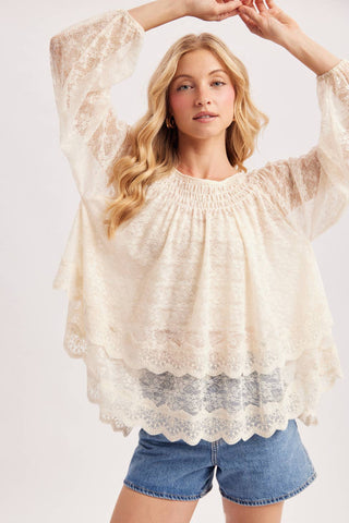 Bluivy | Layered Lace Tie-Front 2-Way Blouse | Cream