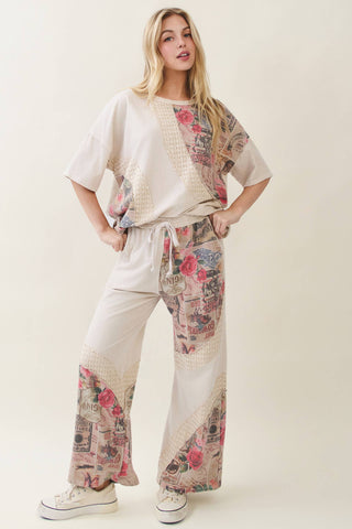 Faded Romance Collage Print Wide-Leg Pants – Cream (Pants Only)