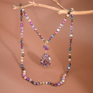 Hey Beautiful – Purple Stone Beaded Long Necklace with Statement Pendant – Boho Multi-Color Layering Necklace