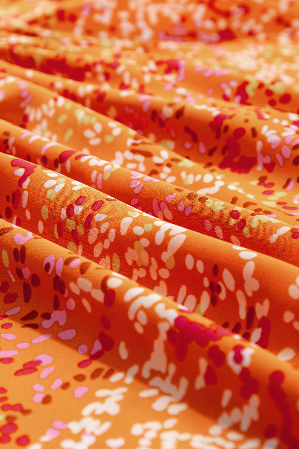 Bright Orange Abstract Floral Print Collared V Neck Babydoll Blouse