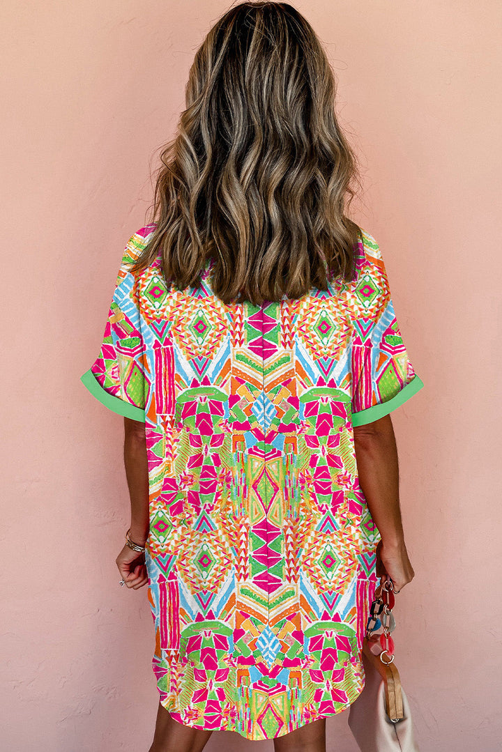Geometric Neon Print Contrast Short Sleeve Shirt Dress