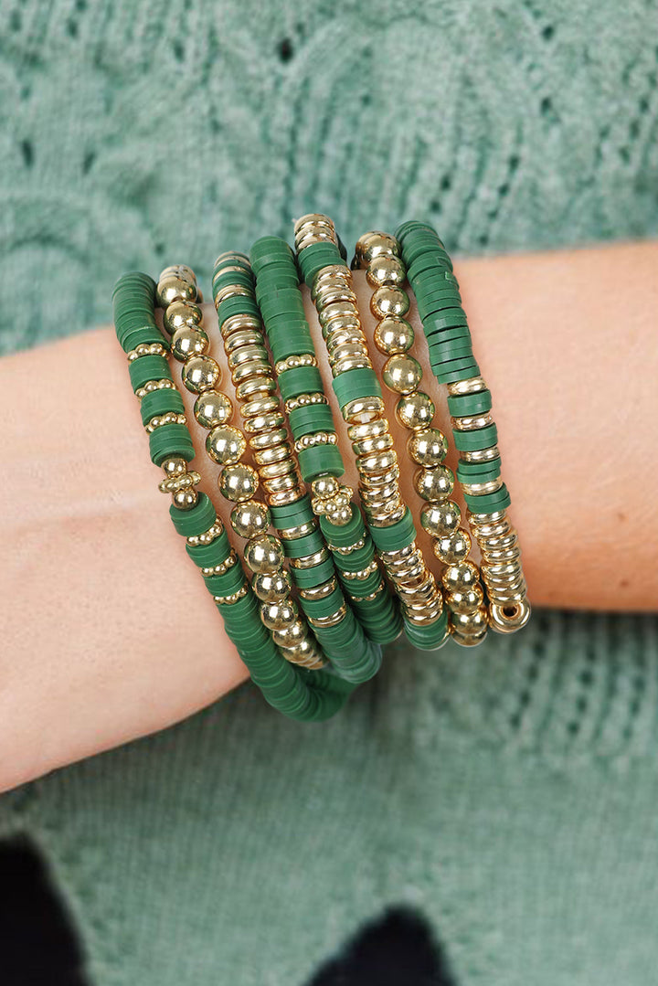7 Piece Green and Gold Layering Stretch Bracelet Set