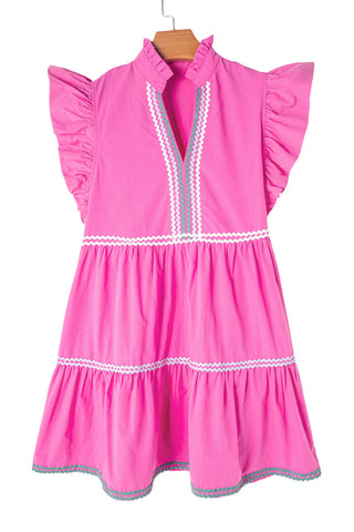 Hot Pink Ric Rac Trimmed Flutter Sleeve V Neck Tiered Dress