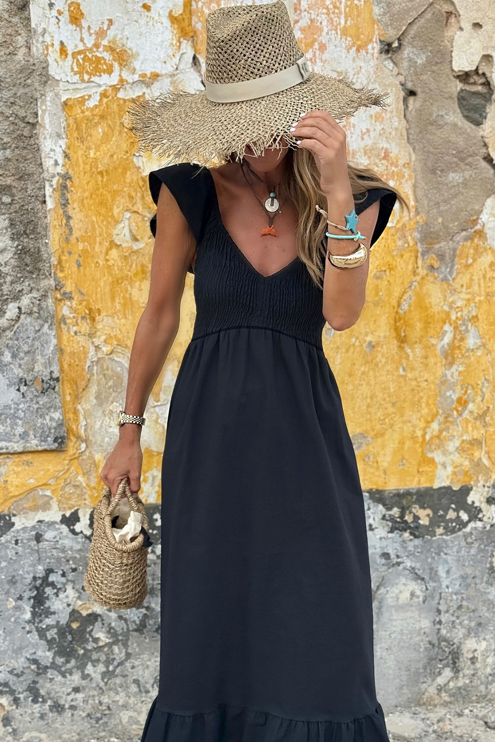 Black Flutter Sleeve High Waist Maxi Dress