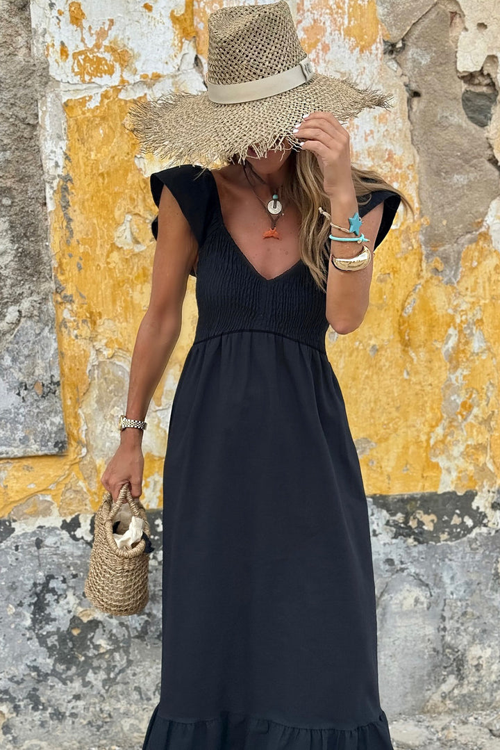 Black Flutter Sleeve High Waist Maxi Dress