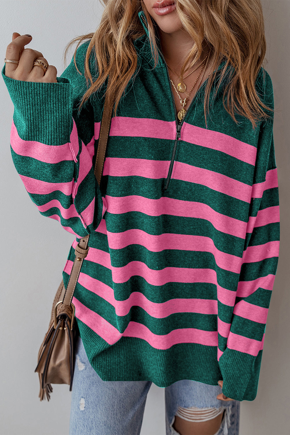 Green and Pink Stripe Quarter Zipper Oversized Sweater