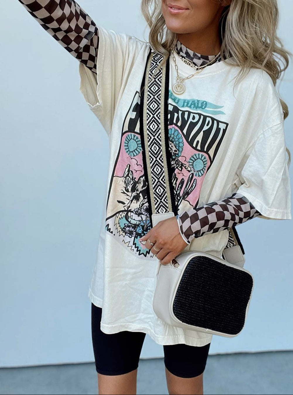 Black and White Checkered Pattern Mesh Neck Long Sleeve Stretch Top