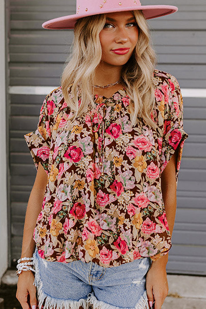 Floral Print Ruffle Collar Short Sleeve Blouse
