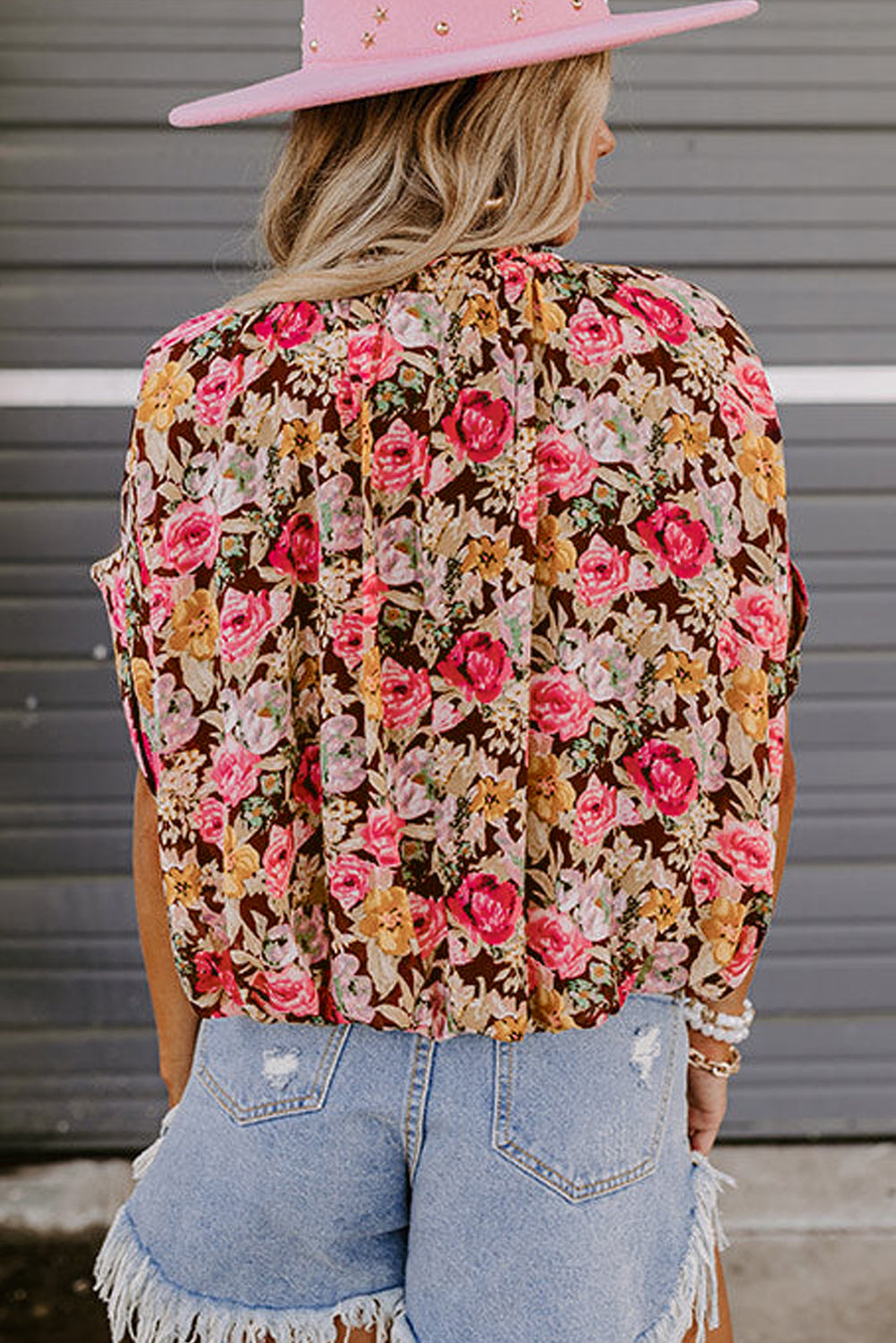 Floral Print Ruffle Collar Short Sleeve Blouse