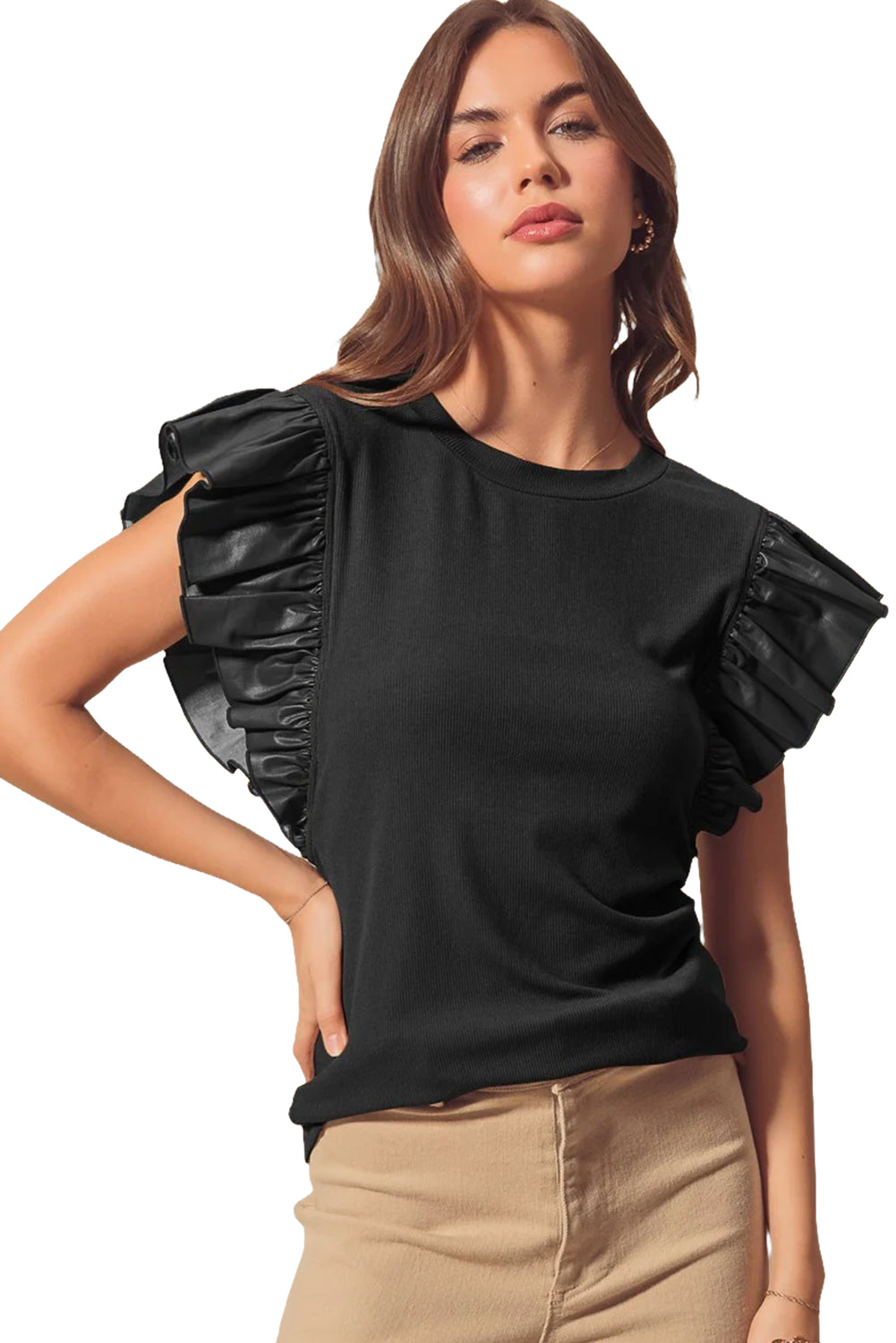 Black Ribbed Blouse with Faux Leather Ruffle Cap Sleeves