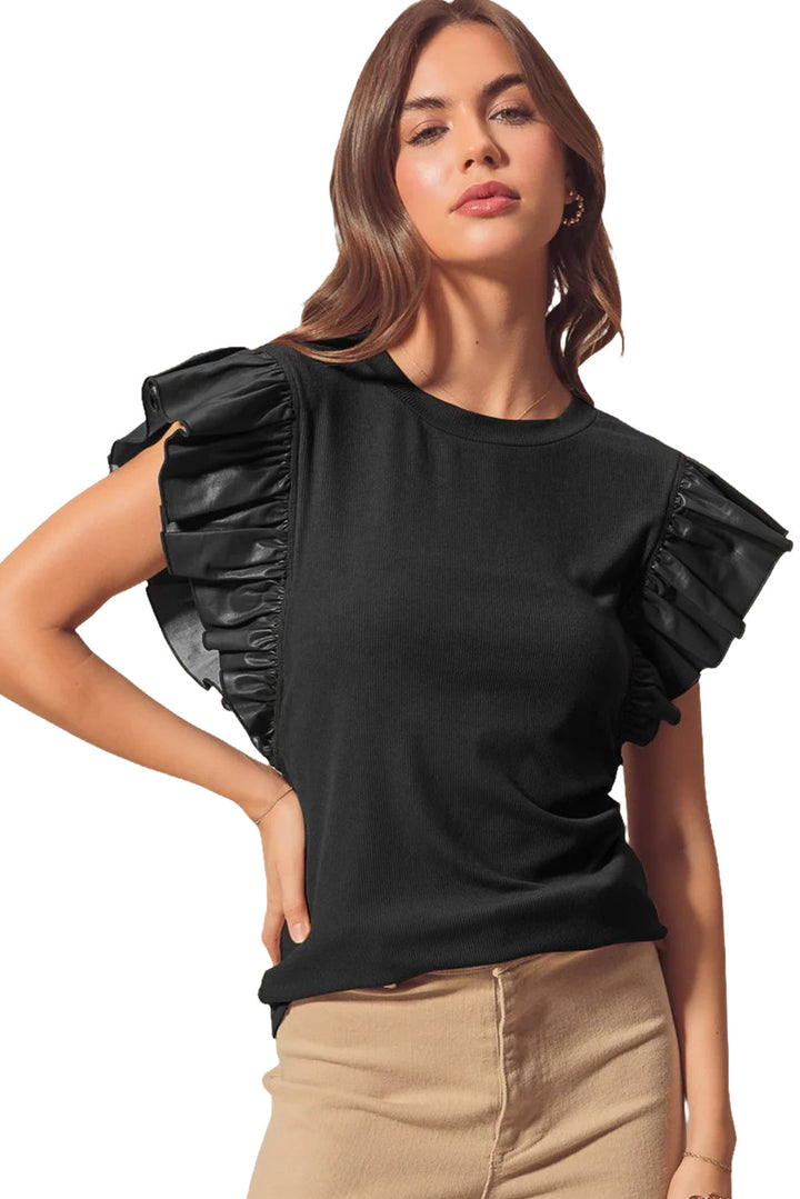 Black Ribbed Blouse with Faux Leather Ruffle Cap Sleeves