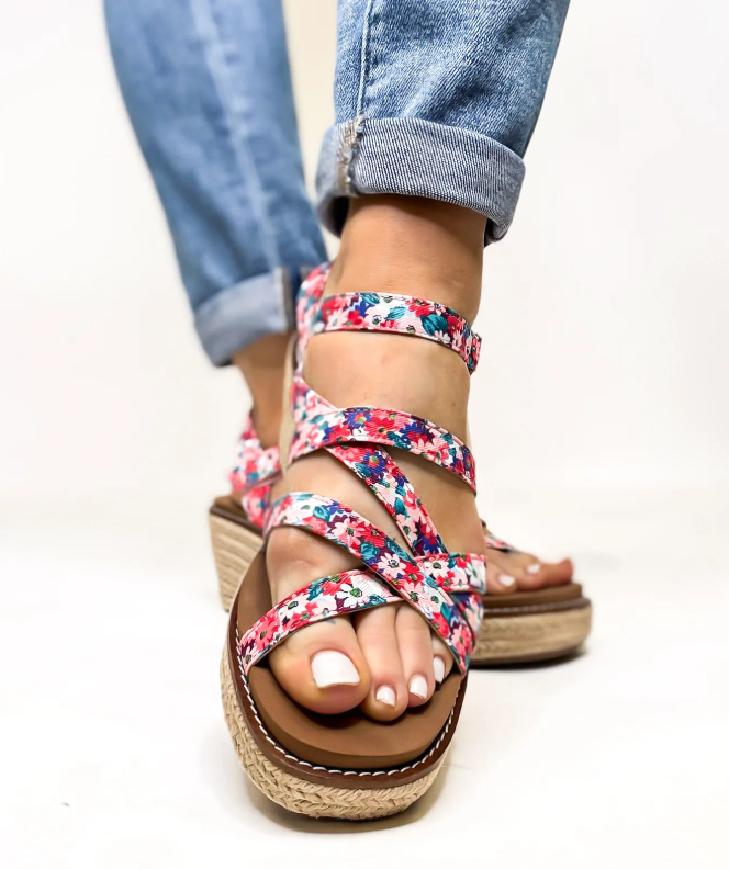 Corkys "All Nighter" Red Floral Wedge Strappy Sandal is
