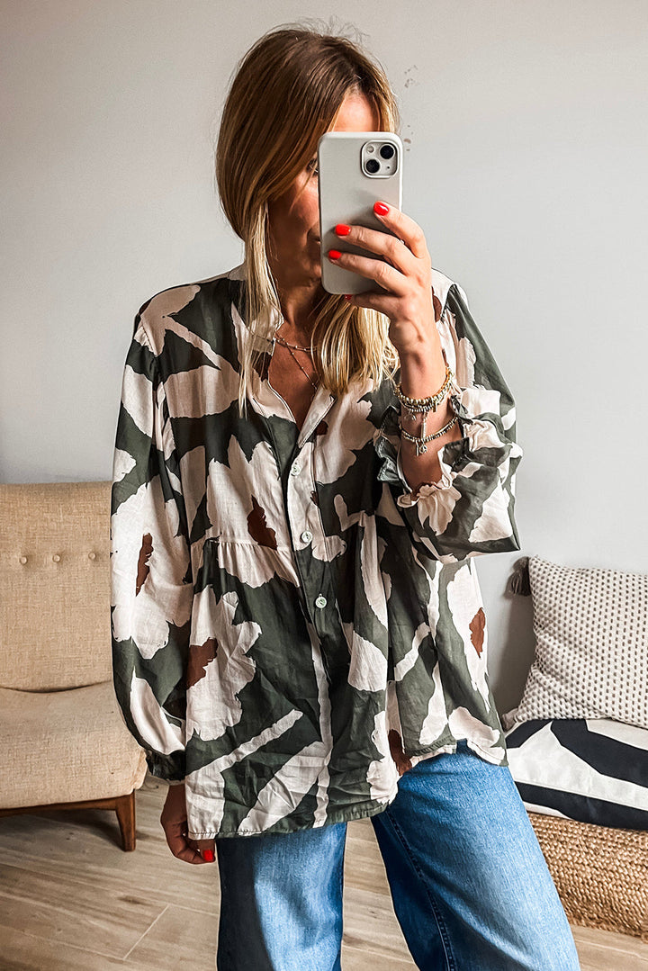 Floral Print Puff Sleeve Half Button Blouse in Olive