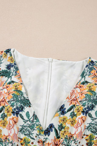 Floral V Neck 3/4 Sleeve Elastic Waist Ruffled Dress