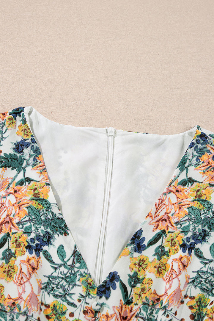 Floral V Neck 3/4 Sleeve Elastic Waist Ruffled Dress