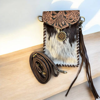Upcycled Tooled Cowhide Phone Crossbody Bag – Brown